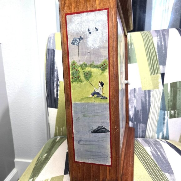 Vtg Oak Wood Medicine Cabinet Hand Painted Primitive Spice Rack Shelves Signed - Picture 7 of 16